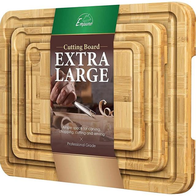 Cutting Board, Extra Large Bamboo Cutting Boards for Kitchen (Set of 3) Reversible Cutting Board Set with Juice Groove and Inner Handle, Heavy Duty Double Side Serving Tray by Empune