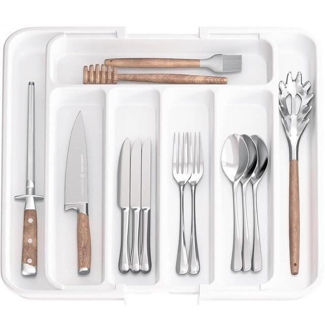 AUJEN Silverware Organizer - Expandable Kitchen Drawer Organizer, Adjustable Utensil Organizer, Cutlery Drawer Organizer for Forks, Knives, Multipurpose Kitchen Organizers and Storage Solution, White