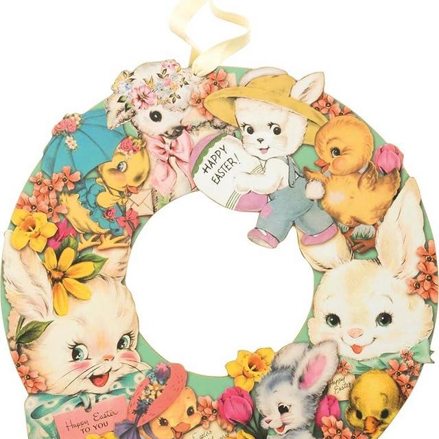 Primitives by Kathy - Happy Easter Wreath, Vintage Inspired Wooden Decorative Wreath with Retro Bunny, Lamb, Duckling, and Flower Illustrations