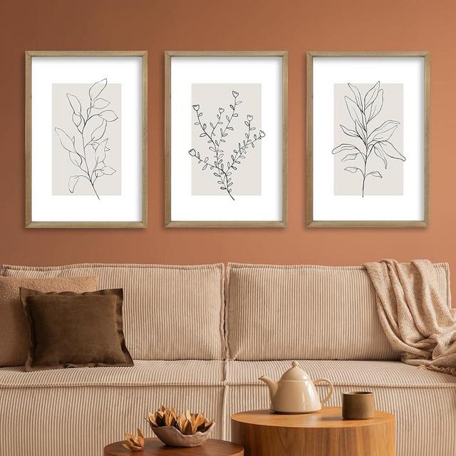 TQianJiang Set of 3 Botanical Prints Wall Art Decor 16"x11" Neutral Home Minimalist Abstract Plant Line Sign Wood Frame Farmhouse Family Living Room Bedroom Boho Office Paintings Wall Hang (Wood)
