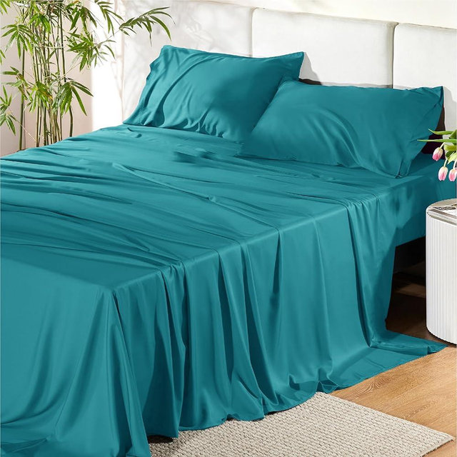 Bedsure California King Sheet Set, Cooling Sheets, Rayon Derived from Bamboo, Breathable & Soft Deep Pocket Up to 16 Inches, Hotel Luxury Silky Bedding, Bedsheet & Pillowcases, Turquoise