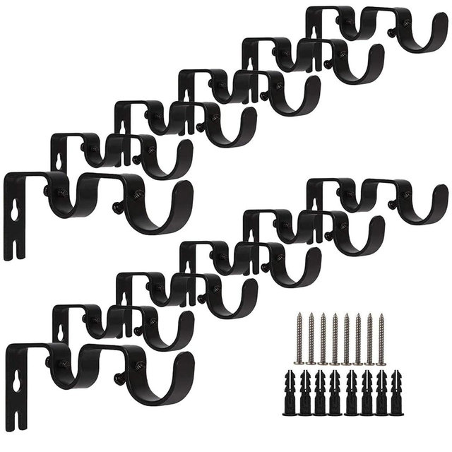 YOUNTHYE 12 PCS Double Curtain Rod Brackets, Heavy Duty Curtain Rod Holder for Double Rod, Black Curtain Rod Hanging Brackets Wall Mount for Home Office