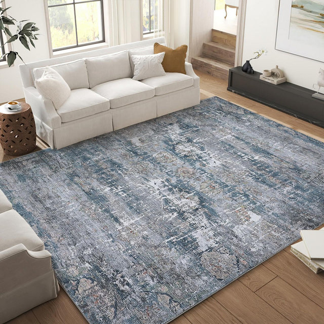 Soft Low Pile Vintage Washable Large Area Rug for Living Room Bedroom Dining Room, Blue, 9'x12'