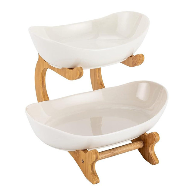 2 Tier Ceramic Fruit Bowl for Kitchen Counter, Fruit Basket with Stand, Vegetable Storage Bowl, Snack Dessert Cake Tray Plate Rack