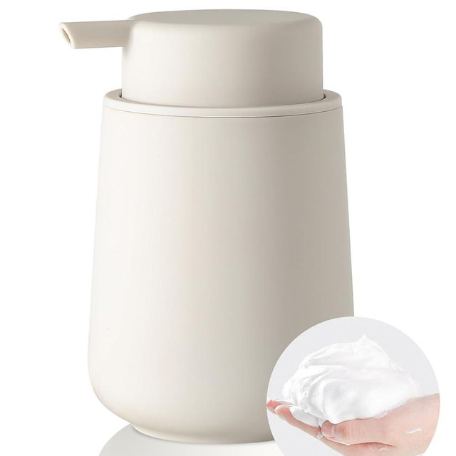 YAUKPH Matte Beige Foaming Hand Soap Dispenser Plastic 11 oz - Modern Minimalist Style for Bathroom & Kitchen Countertop Refillable