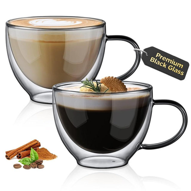 ecooe Black Double Walled Glass Coffee Mug 12 oz Latte Cappuccino Cups Set of 2 Coffee Cups with Handle, Heat Resistant Double Wall Glass Cup for Tea Milk Juice Ice Cream, Birthday Gifts for Mum Dad