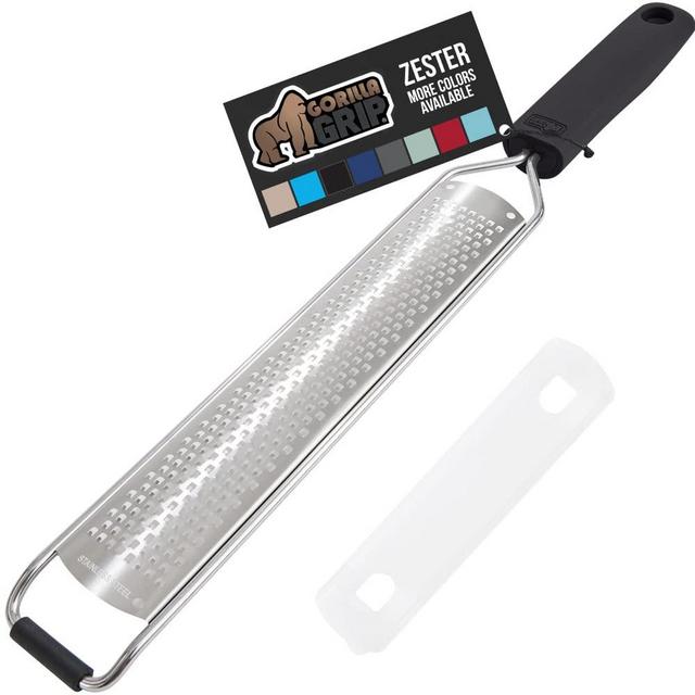 Gorilla Grip Sharp Stainless Steel Zester, Citrus Lemon, Ginger, Cheese Grater, Comfortable Handle, Extra Long Blade for Easy Use, Slip Resistant Rubber Base, Dishwasher Safe, 15.4x1.4, Black