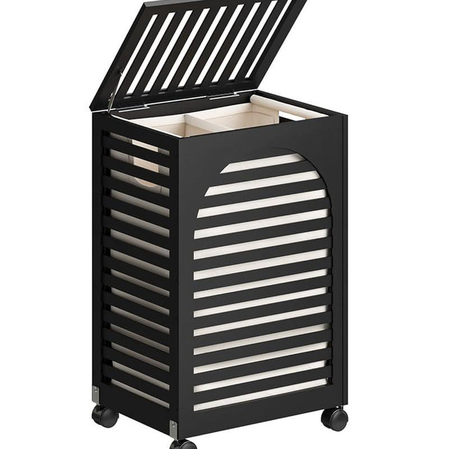 Black Laundry Hamper with Wheels, Laundry Basket with Lid, 22.5 Gallon (85L) Bamboo Wood Clothes Laundry Hamper 2 Section with Handles, Removable Liner