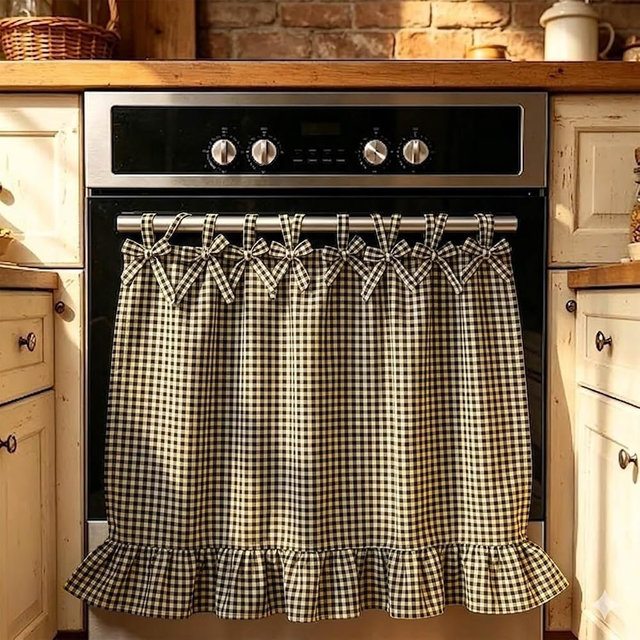 Handmade Oven Curtain for Farmhouse Kitchen Décor, Oven Curtain Tie Top Decorative Cabinet Dish Washer Appliance Curtain with Ruffled Trim & Ribbon Ties Elevate Style for Decorative Use (Oat)