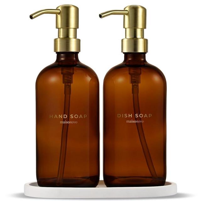 MaisoNovo Kitchen Soap Dispenser Set | 16.9 fl oz Amber Glass Soap Dispenser with Gold Pump x 2 + Oval Concrete Tray