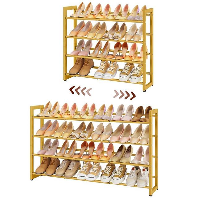 FAVOOSTY 4-Tier Expandable Shoe Rack, Adjustable Shoe Shelf Storage Organizer Space Saving Metal Free Standing Shoe Rack for Entryway Closet Doorway, Gold