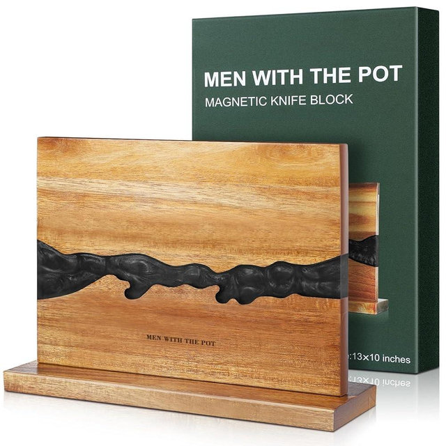 MEN WITH THE POT Magnetic Knife Block 13 x 10 Inches, Double Sided Magnetic Knife Holder Rack for Kitchen Counter Top, Space Saving Free Standing Wood Magnetic Knife Storage Stand with Black Resin