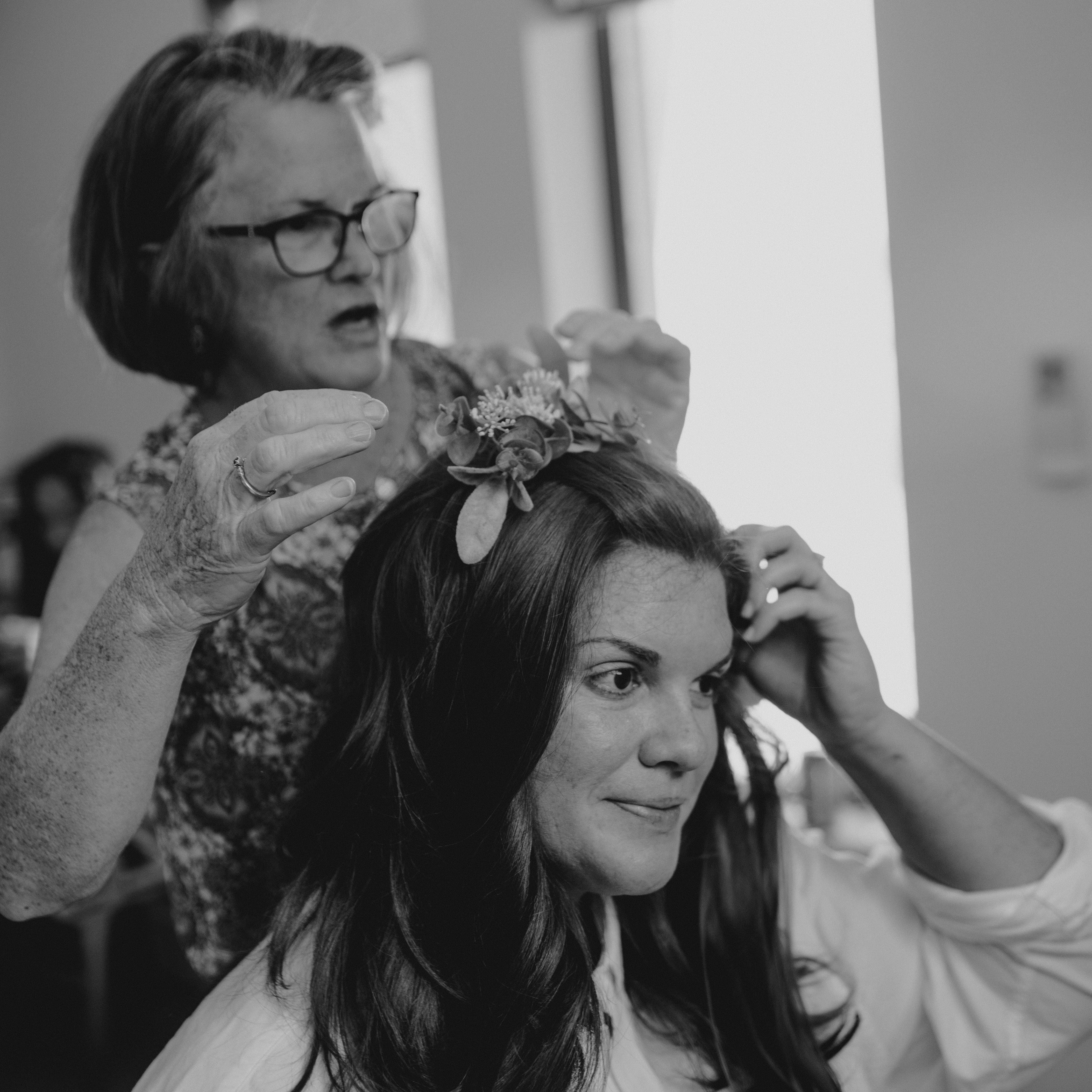 Mom helping with my hairpiece. I think we moved it about 70 times before I had it where I wanted it!