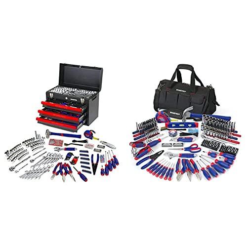 WORKPRO 408-Piece Mechanics Tool Set with 3-Drawer Heavy Duty Metal Box, W009044A & W009037A 322-Piece Home Repair Hand Tool Kit Basic Household Tool Set with Carrying Bag