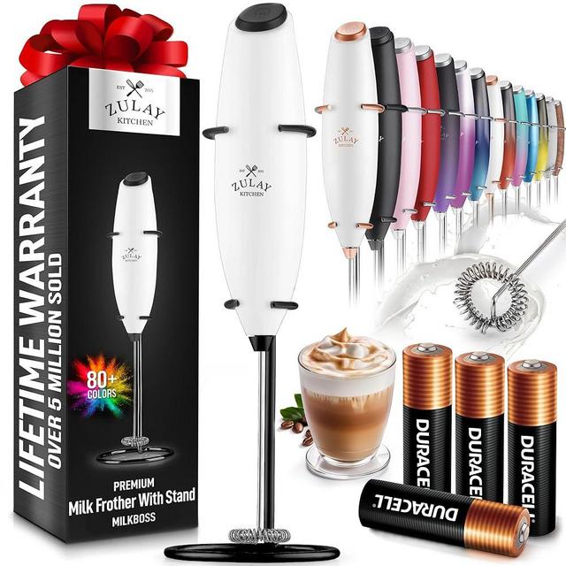 Zulay Powerful Milk Frother (4 Duracell Batteries Included) - Handheld Milk Frother Wand Drink Mixer for Coffee - Powerful Milk Foamer for Cappuccino, Frappe, Matcha & Coffee Creamer - White & Black