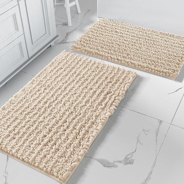 Yimobra Bathroom Rugs Sets 2 Piece - Luxury Chenille Bath Mat, Super Absorbent & Non Slip & Quick Dry, Soft Thick Bathroom Carpet for Tub Shower Floor, Machine Washable, 32x20+24x17 Inch, Light Brown