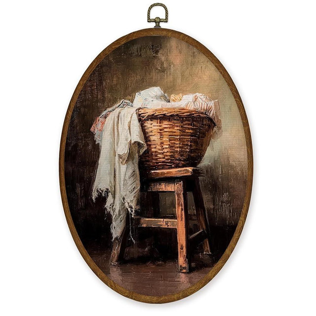 WULQYING Vintage Laundry Room Wall Art Decor, Farmhouse Woven Basket Laundry Oval Framed Canvas Art Prints, Retro Cottagecore Wall Hanging Decor for Home Washroom Restroom Bathroom, 8.6x11.4 Inches