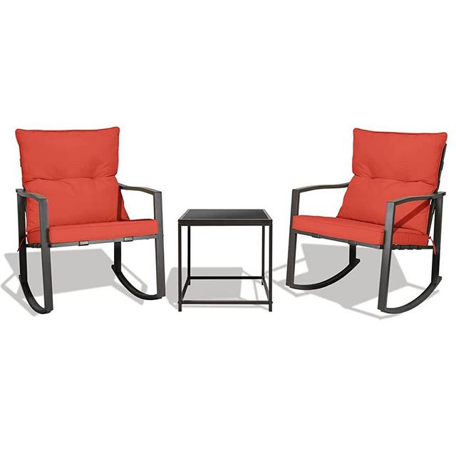 LeveLeve 3pcs Patio Rocking Chair Set Outdoor Furniture Porch Chairs Conversation Sets 2 Chairs, with Tempered-Glass Coffee Table (Orange Red)