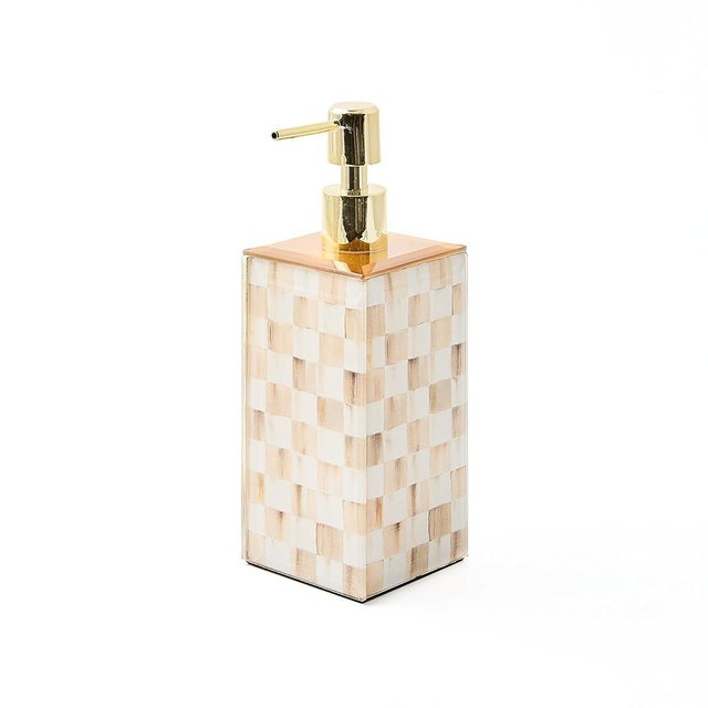 MACKENZIE-CHILDS Glass Soap Pump, Liquid Soap Dispenser, Brown-and-White Mocha Check