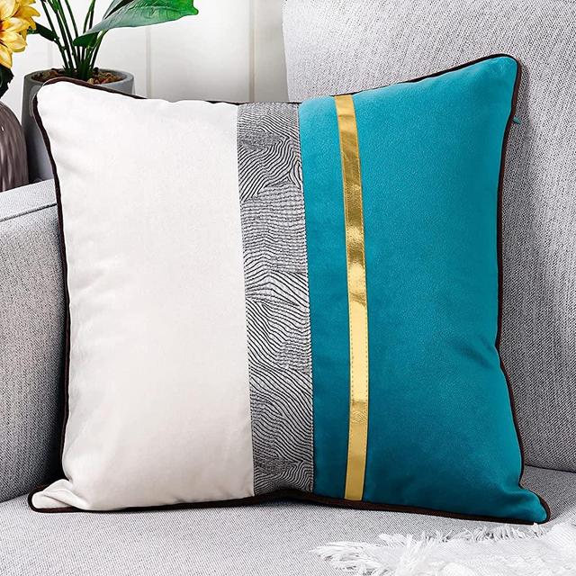 YAERTUN Patchwork Velvet Square Decorative Throw Pillow Cover with Gold Striped Leather Cushion Cases Modern Luxury Pillowcases for Couch Sofa Bed 16x16 Inches Teal