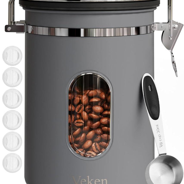 Veken Coffee Canister with Window, Airtight Stainless Steel Kitchen Food Storage Container with Date Tracker and Scoop for Grounds Coffee, Beans, Tea, Flour, Cereal, Sugar, 22OZ,Grey
