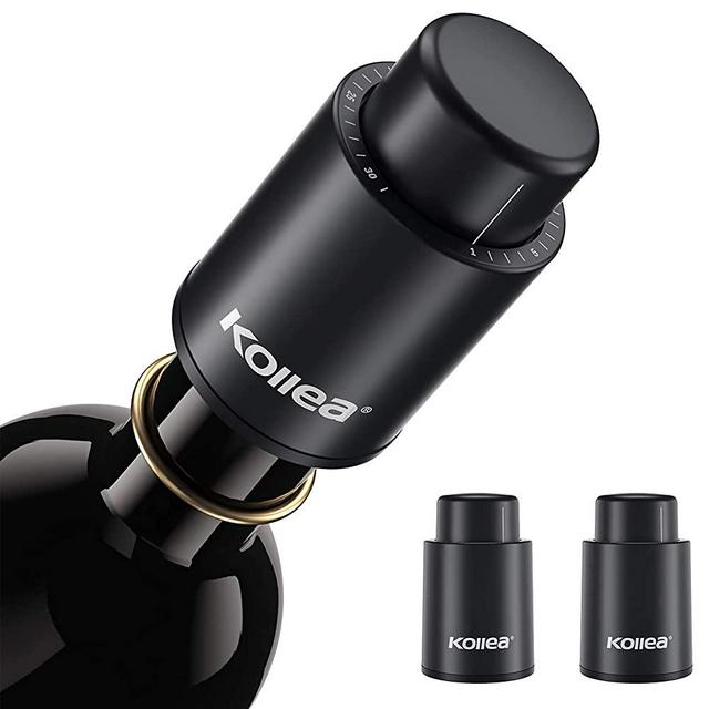 Wine Stoppers, Kollea Wine Bottle Stoppers, Vacuum Wine Stoppers, Reusable Wine Preserver with Time Scale, Wine Vacuum Pump Wine Saver Wine Corks, Best Gift for Wine Lovers (2 Pack, Black)