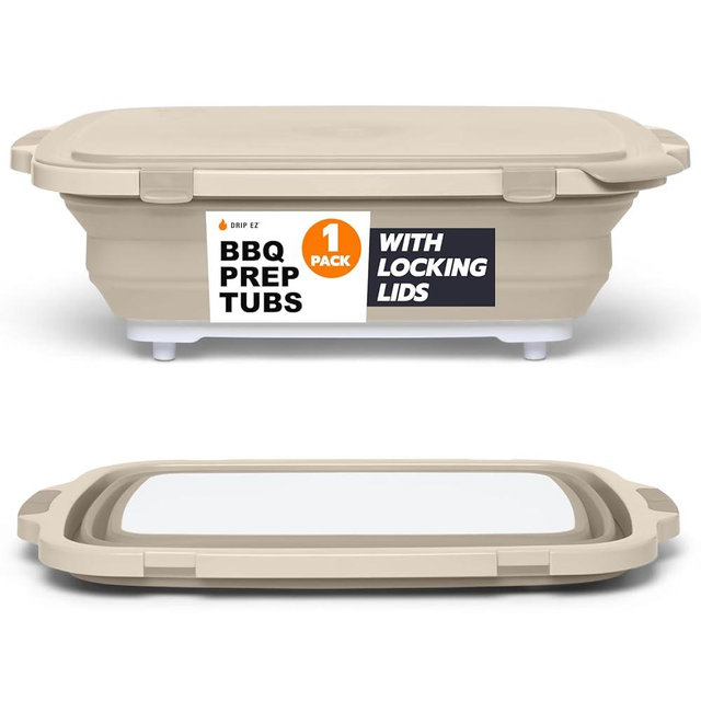 Drip EZ Collapsible BBQ Prep Tub - For Meal Prep, Marinating, Food Storage - Includes Cutting Board & Locking Lid - (1) XL - Sandstone