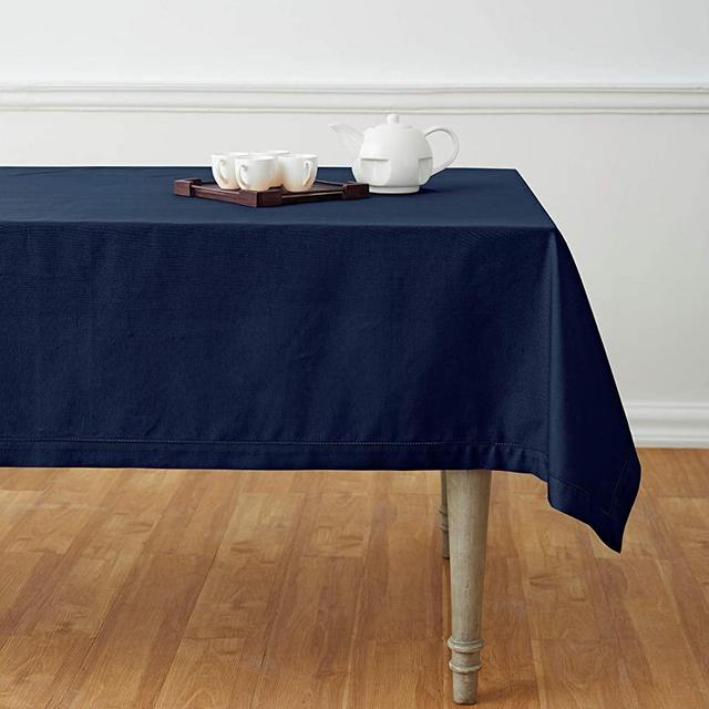 Solino Home Hemstitch Cotton Linen Tablecloth – 58 x 104 Inch, Natural Fabric Machine Washable - Navy Tablecloth for Indoor and Outdoor use