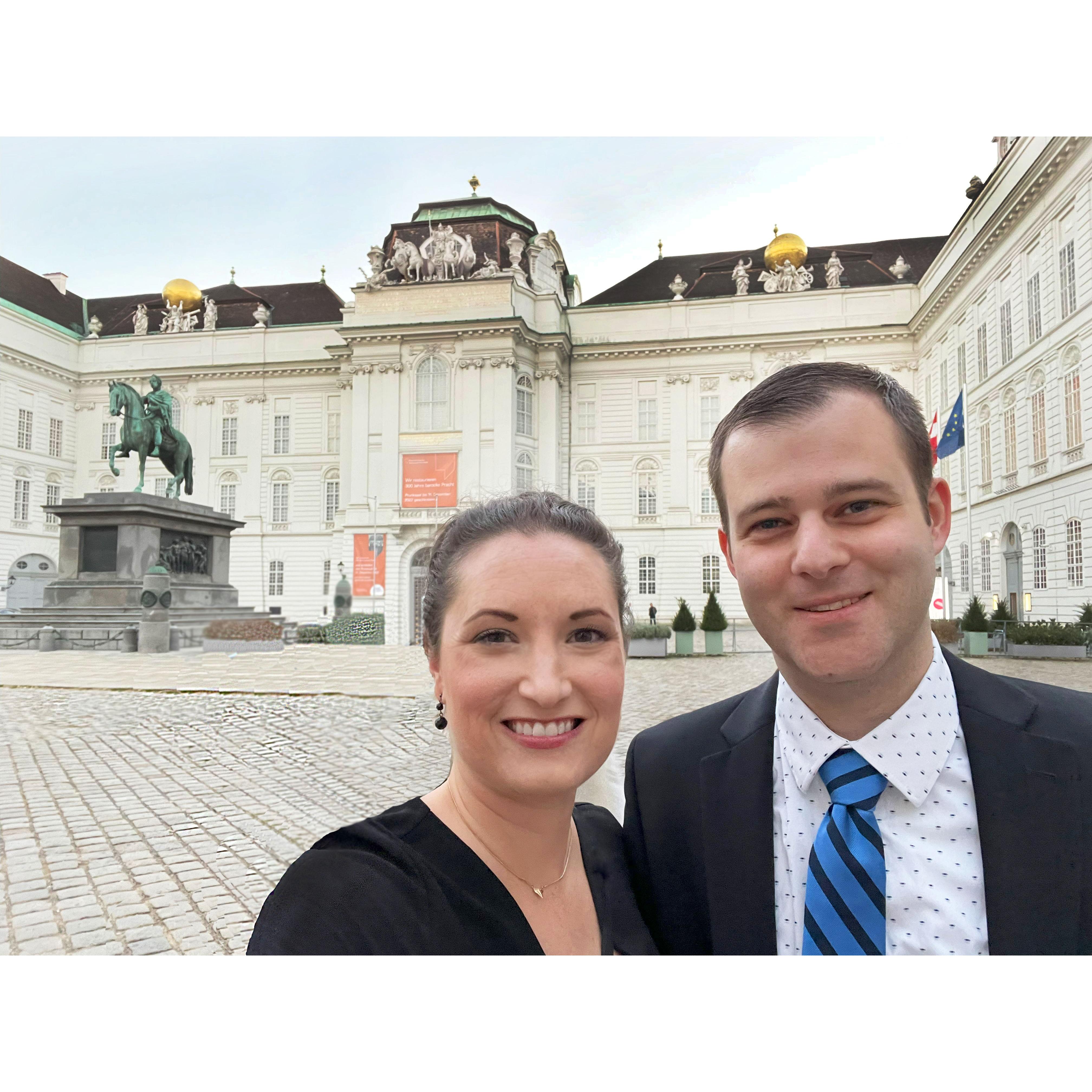 Before dinner at the Pallavicini Palace. Shown behind - the National Library, Vienna, Austria. Danube River cruise, October 2022