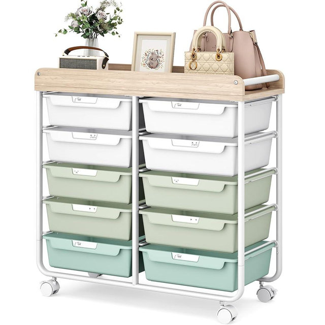 10 Drawers Rolling Cart with Wooden Tabletop, Utility Storage Cart with Wheels, Art Supply Craft Organizer on Wheel with Metal Frame & Handles for Home Office School,Green
