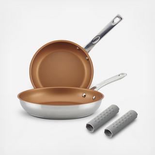 2-Piece Stainless Steel Nonstick Skillet with Silicone Handle Sleeves