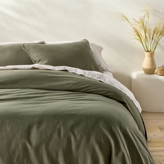 King Heavyweight Linen Blend Duvet Cover and Sham Set Olive Green - Casaluna™