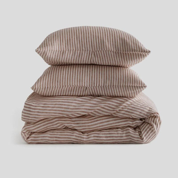 European Linen Stripe Deluxe Bedding Bundle - Dusty Mauve/White Stripe, Queen