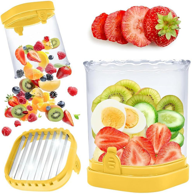 Strawberry Slicer Cup with Push Plate, Fruit Cutter Kitchen Gadget for Egg, Kiwi, Banana, Cucumber, Easy Fruit & Vegetable Slicer, Strawberry Cutter Tool for Quick Safe Cutting (Yellow)