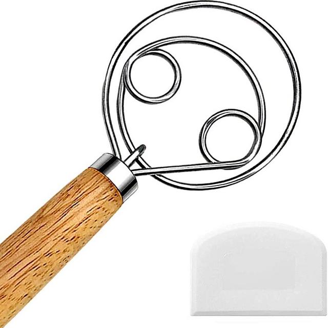 Danish Dough Whisk, Dutch Style Bread Whisk For Dough Cooking Kitchen with Stainless Steel Danish Whisk Bread Mixer 13" and Dough Scraper
