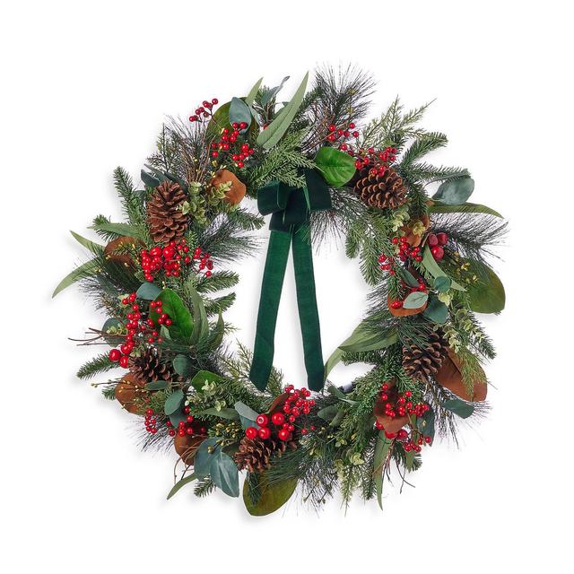 Seasonal LLC Pre Lit 28" Magnolia Leaf, Eucalyptus & Berry Wreath