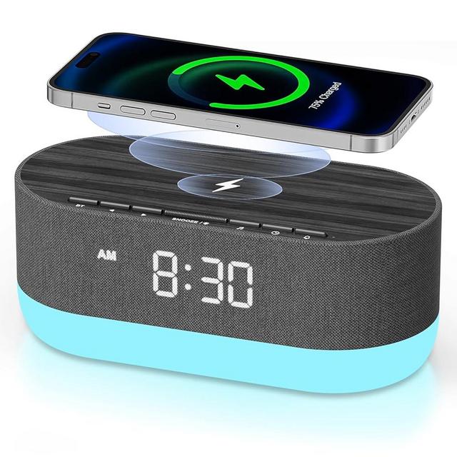 HOUSBAY Sound Machine with Alarm Clock for Bedrooms, Dual Speakers, 21 HiFi Sounds, 10W Wireless Charger, Unlimited Sound, Bluetooth, 10 Night Light, White Noise Machine for Sleeping, Black