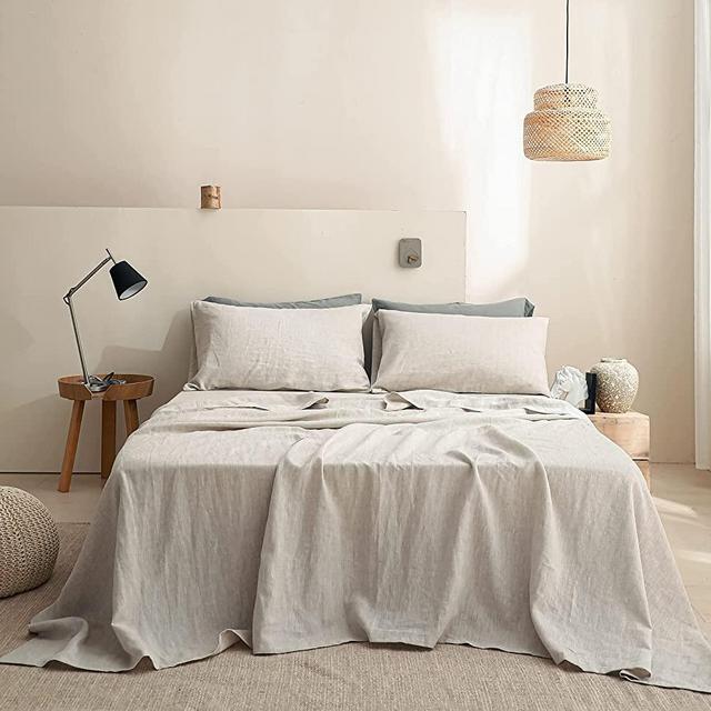 Simple&Opulence 100% Linen Sheet Set Solid Color-4 Pcs Washed French Linen Bed Sheets(1 Flat Sheet,1 Fitted Sheet,2 Pillowcases)-Breathable Bedding Set (Linen, Queen)