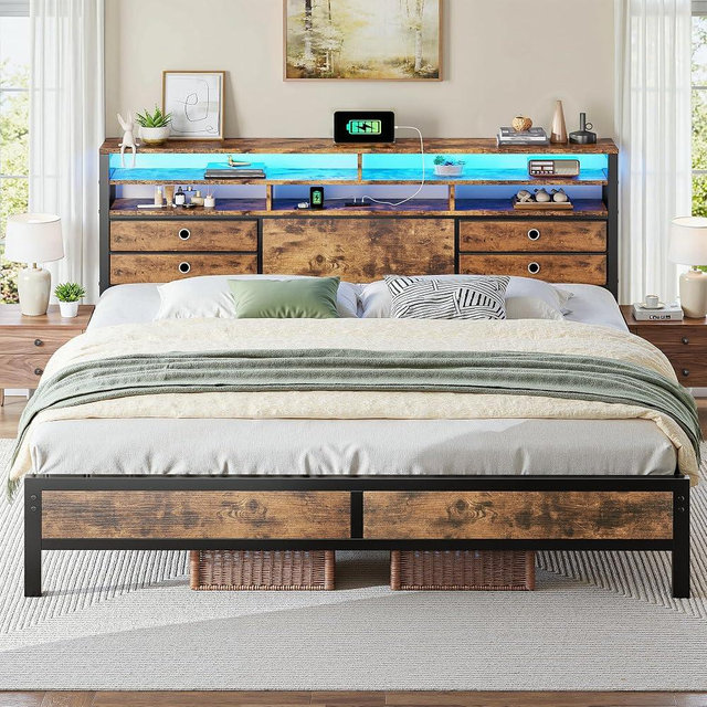 Homkdom King Bed Frame with 3-Tier Storage Headboard & 4 Fabric Drawers, Metal Platform Bed Frame with LED Light & Charging Station,No Noise,No Box Spring Needed,Easy Assembly,Rustic Brown