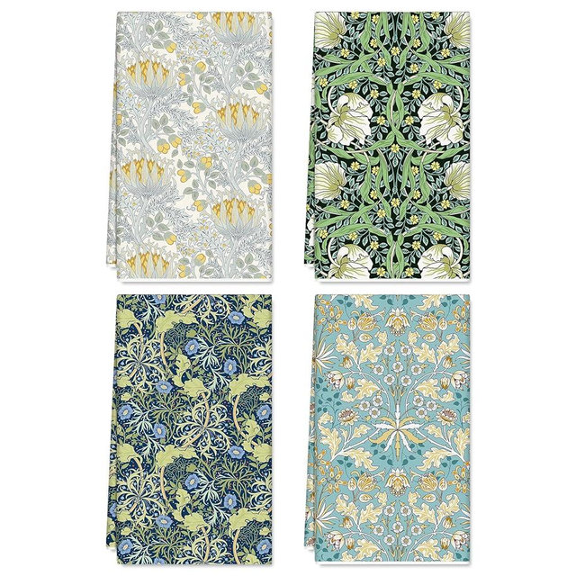 JarThenaAMCS William Morris Floral Kitchen Towel Retro Greenery Dish Towels 18 x 28 Inch Decorative Hand Drying Tea Towel for Baking Cooking Cleaning Party Supplies 4Pcs