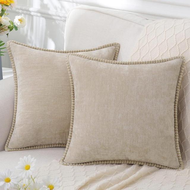 decorUhome Chenille Soft Throw Pillow Covers 20x20 Set of 2, Farmhouse Velvet Pillow Covers, Decorative Square Pillow Covers with Stitched Edge for Couch Sofa Bed, Bleached Sand