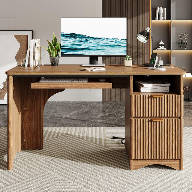 Bestier 55" Computer Writing PC Desk Home Office with Power Outlets Keyboard Tray and Storage Drawers, Brown Oak