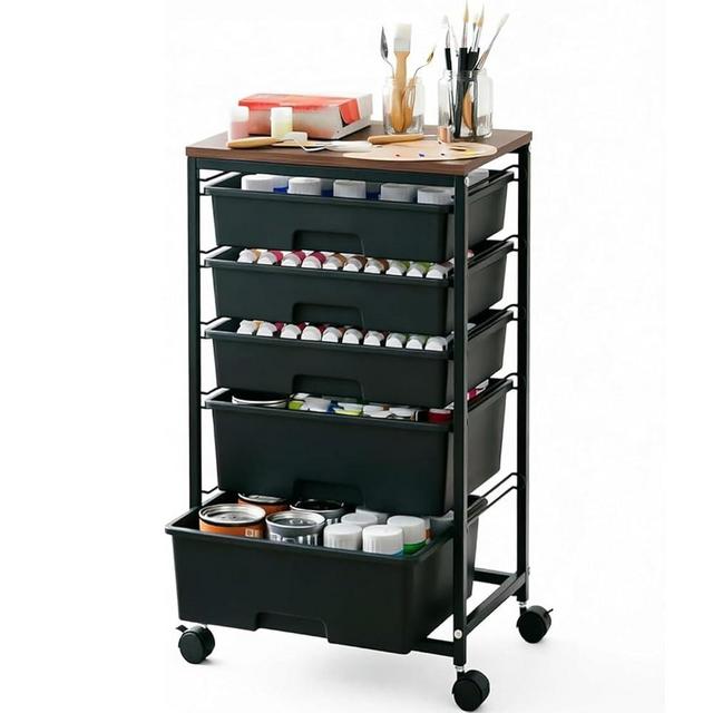 SYKIARIOL 5-Tier Rolling Utility Storage Drawer Craft Cart on Wheels with Wooden Tabletop, Mobile Craft Storage Drawer Cart Trolley for Home Office, Classroom, Craft Room & Kid Room, Black