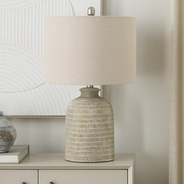 Nourison Home 24" Eggshell (Beige) Textured Honeycomb Farmhouse Table Lamp for Bedside Table, Living Room, Dining, Entryway
