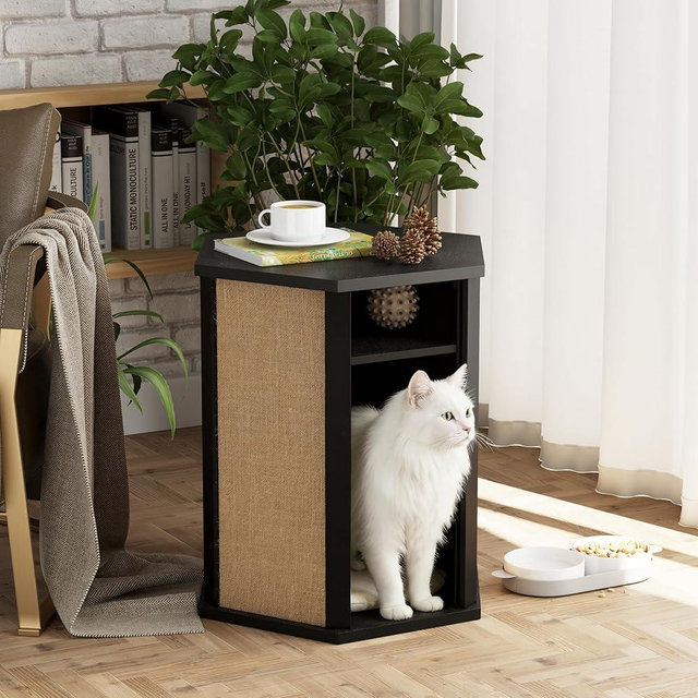 COZAYH Modern Cat House End Table with Sisal Scratching Panels, Hidden Cat Bed Side Table with Removable Washable Cushion, Pine Wood, Cat Condo Nightstand, Easy to Clean, Multifunctional, Black