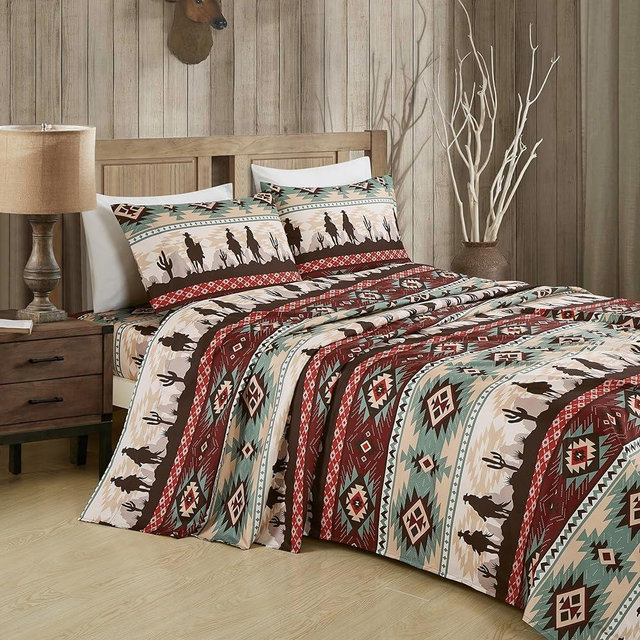 Chezmoi Collection 4-Piece Southwestern Cowboys Aztec Sheet Set King - Multicolor Teal Brown Beige Tan Red Printed Brushed Microfiber Lightweight Breathable Deep Pocket Bed Sheets