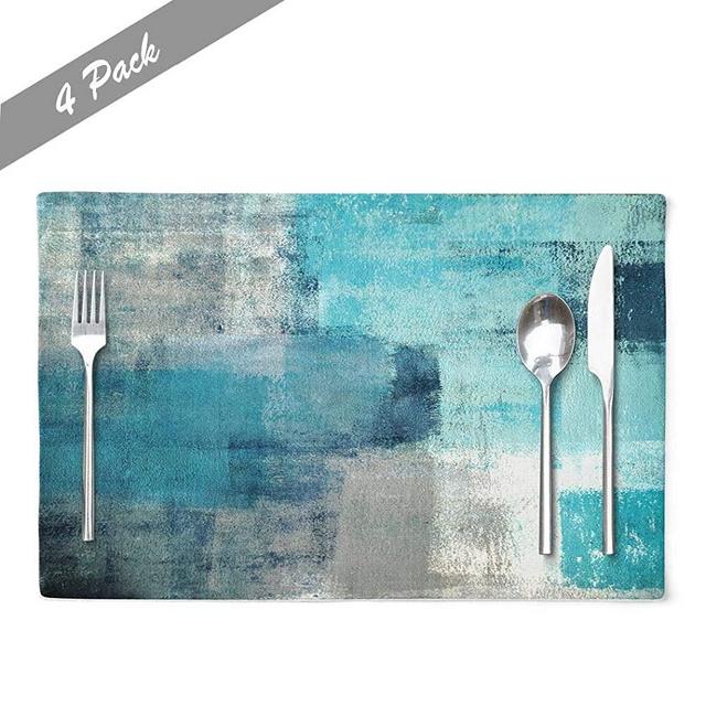Modern Art Placemats, Cafe Placemats Turquoise and Grey Abstract Art Painting Artwork Dining Placemats Colorful Placemats for Home Kitchen Decorations 18 x 12 Inches, Turquoise Grey