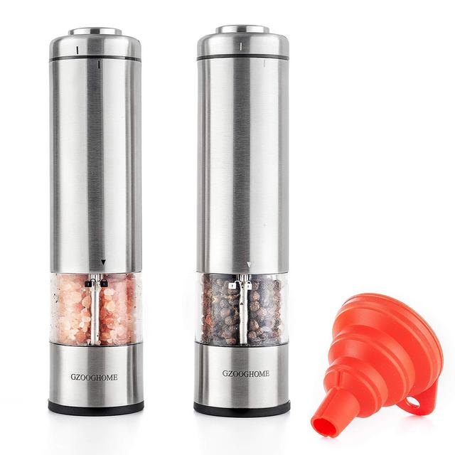GZOOGHOME Electric Salt and Pepper Grinder Set - Battery Operated Automatic One Handed Salt Pepper Mill with Funnel and Bottom Cap - Ceramic Grinders with Lights and Adjustable Coarseness