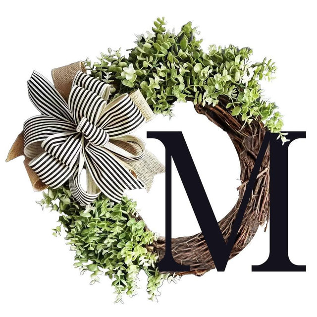 Monogram Initial Letter Wreaths for Front Door with Striped Linen Bow & Fake Green Grass on Grapevine Base Farmhouse Style Rustic Door Decor Spring Summer Green Wreath, M