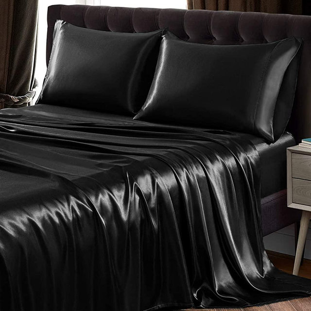 SiinvdaBZX 4Pcs Satin Sheet Set Queen Size Ultra Silky Soft Black Satin Queen Bed Sheets with Deep Pocket, 1 Fitted Sheet, 1 Flat Sheet , 2 Envelope Closure Pillowcases
